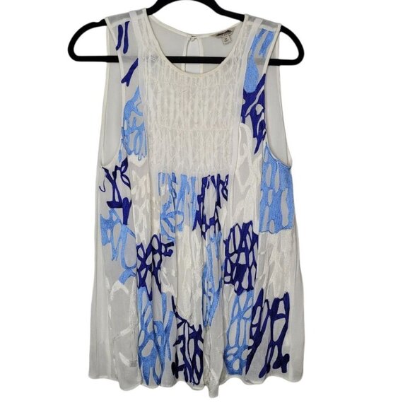 Lucky brand cream blue embroidered Boho Peasant Sleeveless Size Medium - Picture 1 of 11